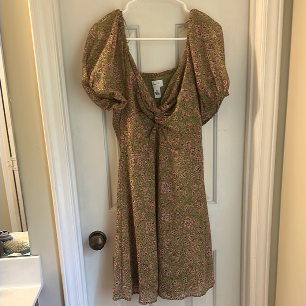 Brown and White Puff Sleeve Wrap Mini Dress